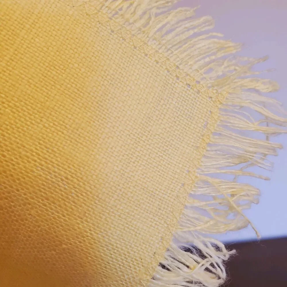Vintage Set Of‎ 4 Linen Hand Stitched w/ Fringe Yellow Tablecloth Napkins NWOT